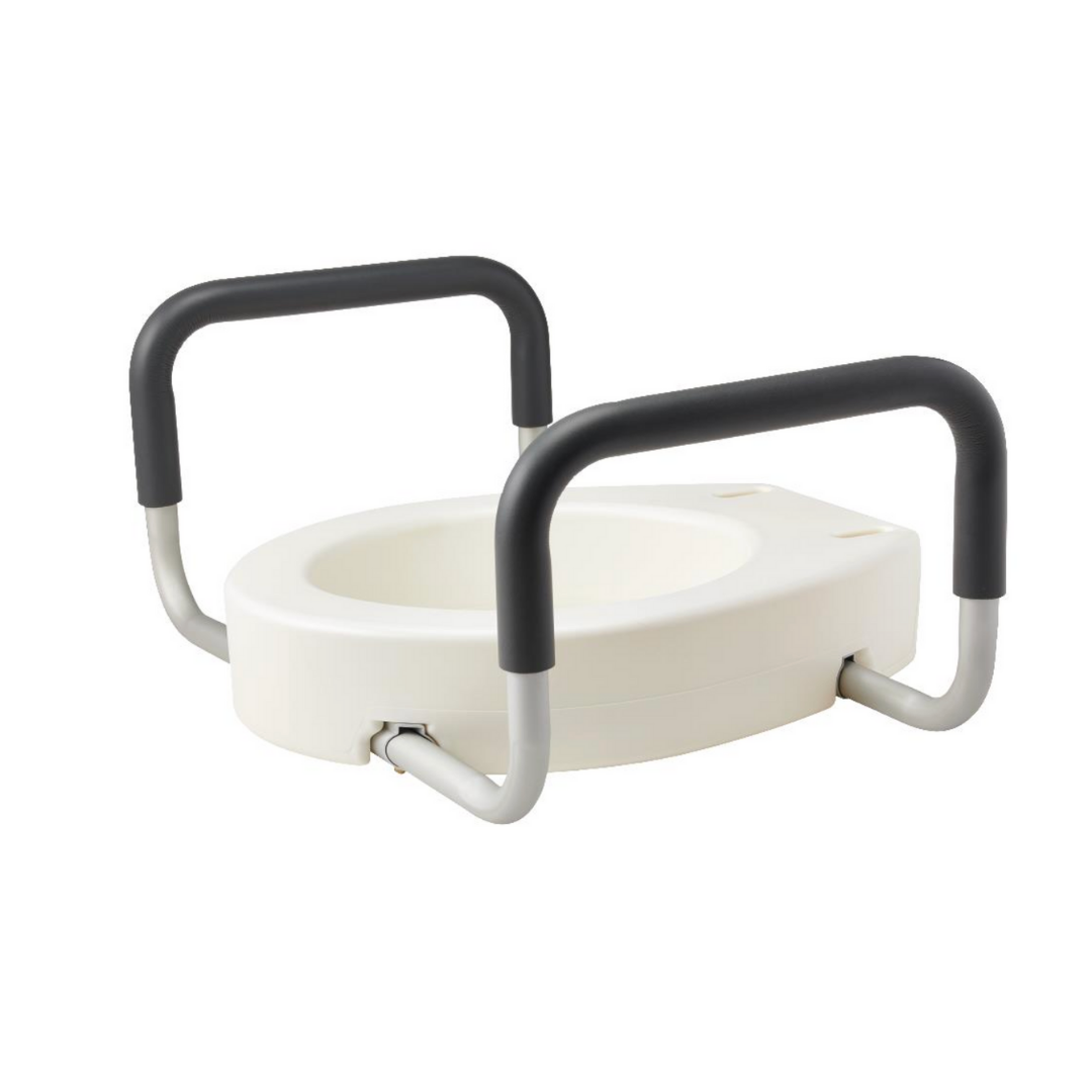 The Medline 3.5 Bariatric Toilet Seat Riser with Arms is shown against a white background. It features two sturdy black armrests for bathroom safety and support, making it ideal for people with limited mobility.